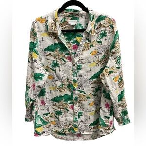 Cynthia Rowley Top Amalfi Linen Resort Coastal Grandma Retro Beach Button 1X #EO